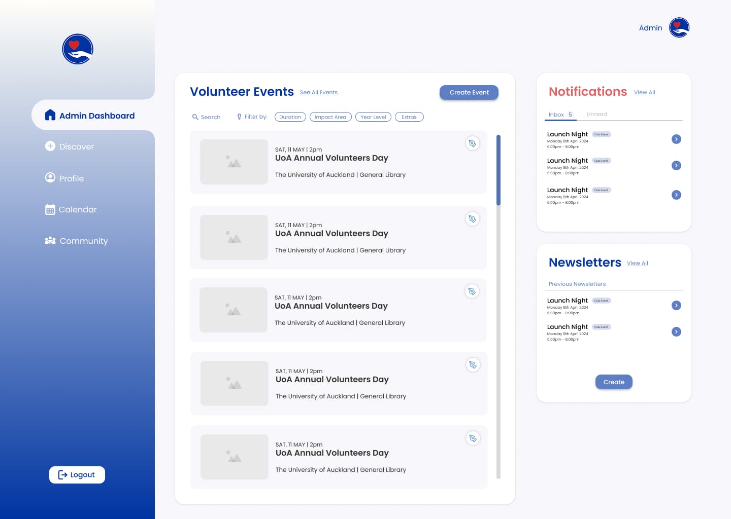 screenshot of the volunteers club web app